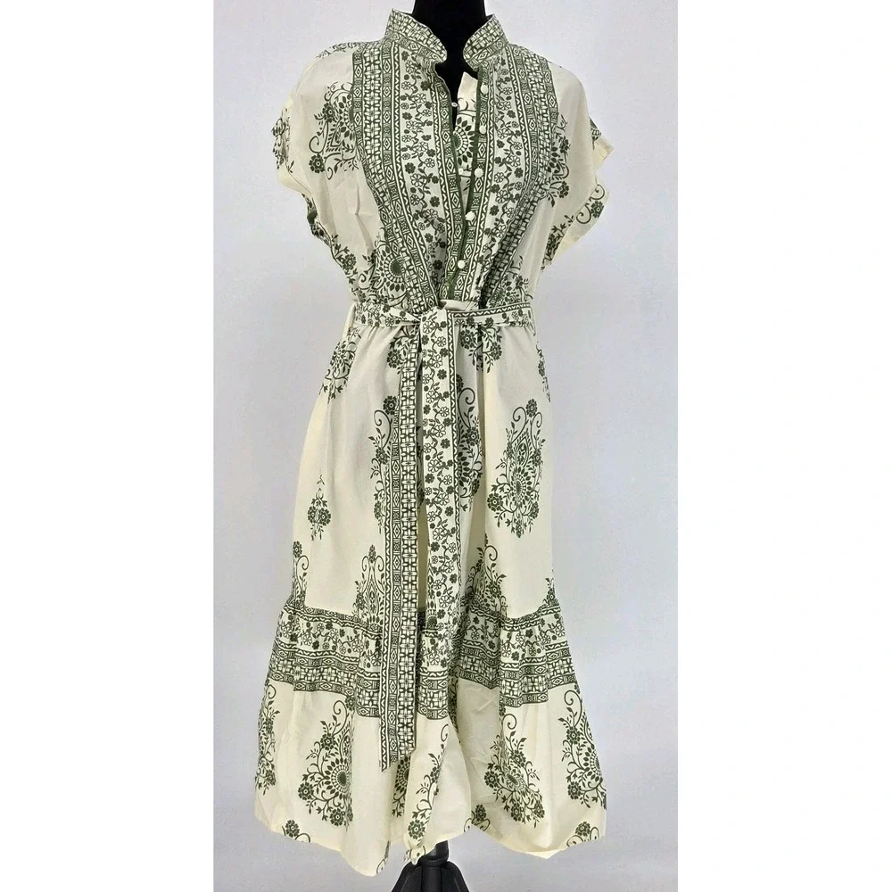 Kaktus Boho Midi Dress Large Tropical Floral Belted Cottagecore